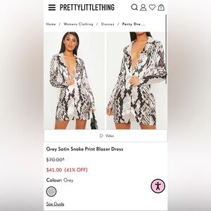 NWT PRETTY LITTLE THING “Grey Satin Snake Print Blazer Dress”